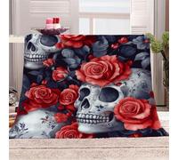 3D Printed Red Rose Skull-3 Flannel Fleece Blanket （270GSM） Mysterious And Romantic Super Cozy 130x150 cm single Size Fade Resistant Home Decor Gift - Machine Washable