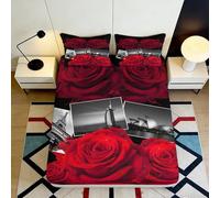 3D Printed Red Rose Skyline Fitted Sheet Microfiber Deep Pocket Elastic Hem Bedroom Bedding Red Rose Mattress Fitted Cover for Adults 160x200x25cm