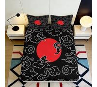3D Printed Red Sun Cloud Fitted Sheet Microfiber Black Japanese Style Bed Cover for Bedroom Dorm Mattress Protection Decor 90x200x25cm