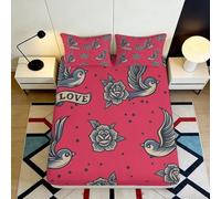 3D Printed Red Vintage Bird Flower Fitted Sheet Microfiber Deep Pocket Elastic Non-Slip Bedroom Bedding Rose Bird Mattress Fitted Cover Washable 160x200x25cm