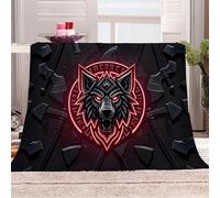 3D Printed Red Wolf Head Badge-2 Flannel Fleece Blanket （270GSM） Dark Fantasy Super Cozy 150x200 cm Double Size Fade Resistant Home Decor Gift - Machine Washable