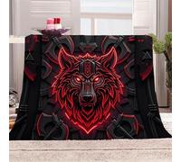 3D Printed Red Wolf Head With Mechanical Elements Flannel Fleece Blanket （270GSM） Dark Future Style Super Cozy 220x240 cm Queen Size Fade Resistant Home Decor Gift - Machine Washable