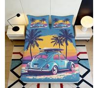 3D Printed Retro Car Beach Fitted Sheet Microfiber Soft Palm Sunset Mattress Cover for Bedroom Youth Decor 180x200x25cm
