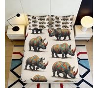 3D Printed Rhino Art Fitted Sheet Microfiber Deep Pocket Non-Slip Bedroom Bedding Rhino Mattress Fitted Cover Elastic Hem Washable 120x200x25cm