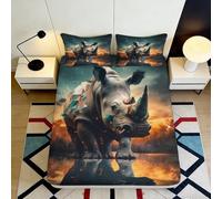 3D Printed Rhino Fitted Sheet Microfiber Deep Pocket Bedroom Bedding Set Rhino Mattress Fitted Cover Non-Slip Washable for All Ages 90x200x25cm