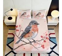 3D Printed Robin Bird Fitted Sheet Microfiber Soft Breathable Cherry Blossom Bed Cover for Bedroom Decor Mattress Protection 90x200x25cm
