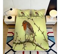 3D Printed Robin Bird Fitted Sheet Microfiber Soft Green Branch Mattress Cover for Bedroom Guest Room Decor 90x200x25cm