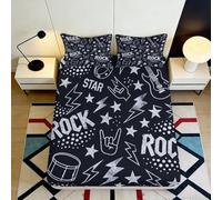 3D Printed Rock Music Fitted Sheet Microfiber Black Guitar Drum Lightning Bed Cover Bedroom Decor Easy Care 90x200x25cm