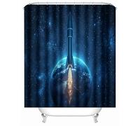 3D Printed Rocket Planet Galaxy Universe Shower Curtain 200x200 cm Mould Proof Resistant Quick Drying Polyester Fabric Waterproof Washable Bathroom Curtain with 12 rings for Art Deco