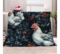 3D Printed Rooster Red Flowers And Green Leaves-5 Flannel Fleece Blanket （270GSM） Natural Art Style Super Cozy 220x240 cm Queen Size Fade Resistant Home Decor Gift - Machine Washable