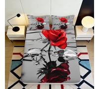 3D Printed Rose Flower Fitted Sheet Microfiber Deep Pocket Elastic Hem Bedroom Bedding Red Rose Mattress Fitted Cover Non-Slip Washable 160x200x25cm