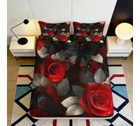 3D Printed Rose Pattern Fitted Sheet Microfiber Deep Pocket Bedroom Bedding Set Red Rose Mattress Fitted Cover Non-Slip Elastic Hem Washable for All Ages 160x200x25cm