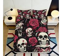 3D Printed Rose Skull Fitted Sheet Microfiber Deep Pocket Bedroom Bedding Gothic Skull Mattress Fitted Cover for Adults Teens 140x200x25cm