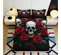 3D Printed Rose Skull Fitted Sheet Microfiber Deep Pocket, Bedroom Bedding Set, Gothic Skull Mattress Fitted Cover, Non-Slip Elastic for Home 200x200x25cm