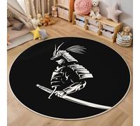 3D Printed Round Carpet Black And White Simple Samurai Anti-Slip Mats Japanese Characters Bedside Floor Mat Home Decor Rugs For Bedroom Hall Kitchen Living Room Kids Room Doormat,100Cm
