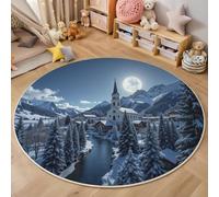 3D Printed Round Carpet Blue And White Forest Village Anti-Slip Mats Winter Landscape Bedside Floor Mat Home Decor Rugs For Bedroom Hall Kitchen Living Room Kids Room Doormat,100Cm