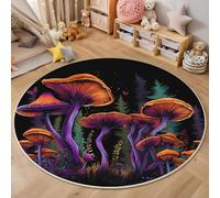 3D Printed Round Carpet Orange Purple Mushroom Plants Anti-Slip Mats Fantasy Cartoon Bedside Floor Mat Home Decor Rugs For Bedroom Hall Kitchen Living Room Kids Room Doormat,140Cm