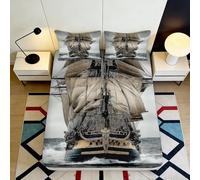 3D Printed Sailing Ship Fitted Sheet Microfiber Deep Pocket Non-Slip Bedding Set Nautical Mattress Fitted Cover Elastic Washable Bedroom 140x200x25cm