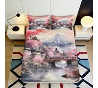 3D Printed Sakura Landscape Fitted Sheet Microfiber Pink Japanese Mountain Bed Cover for Bedroom Dorm Decor 90x200x25cm