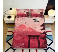 3D Printed Sakura Mountain Fitted Sheet Microfiber Soft Pink Japanese Gate Bed Cover for Bedroom Dorm Decor 90x200x25cm
