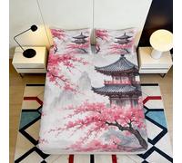 3D Printed Sakura Pagoda Fitted Sheet Microfiber Soft Breathable Japanese Landscape Bed Cover for Bedroom Dorm Decor 90x200x25cm