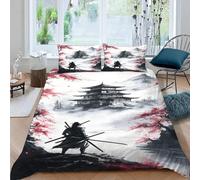 3D Printed Samurai Cherry Blossom Duvet Cover Set King size,Soft Microfiber Hypoallergenic Japanese Style Manga Bedding Set with Pillowcase, Quilt Cover with Zipper for Kids, Teens, Adults 1e115