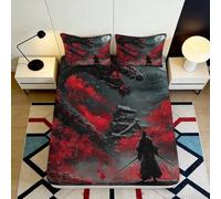 3D Printed Samurai Dragon Fitted Sheet Microfiber Deep Pocket Bedroom Bedding Non-Slip Black Red Mattress Fitted Cover Washable 140x200x25cm