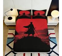 3D Printed Samurai Silhouette Fitted Sheet Microfiber Deep Pocket Bedroom Bedding Samurai Mattress Fitted Cover Non-Slip Breathable Washable 180x200x25cm