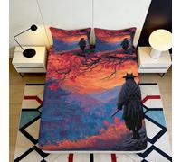 3D Printed Samurai Sunset Fitted Sheet Microfiber Deep Pocket Non-Slip Bedroom Bedding Samurai Mattress Fitted Cover Washable 120x200x25cm