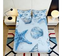 3D Printed Sea Star Ocean Shell Fitted Sheet Microfiber Anti-Slip Bed Cover for Bedroom Guest Room Mattresses 140x200x25cm