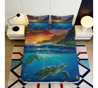 3D Printed Sea Turtle Sunset Fitted Sheet Microfiber Deep Pocket Non-Slip Bedding Set Ocean Turtle Mattress Fitted Cover Breathable for Bedroom 200x200x25cm