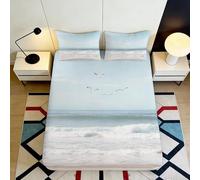 3D Printed Seaside Beach Fitted Sheet Microfiber Soft Mattress Cover Ocean Birds Bedroom Décor Anti-Slip Easy Care 90x200x25cm