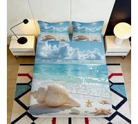 3D Printed Seaside Shell Fitted Sheet Microfiber Soft Ocean Beach Starfish Mattress Cover Bedroom Decor 90x200x25cm