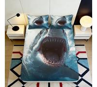 3D Printed Shark Attack Fitted Sheet Microfiber Soft Breathable Ocean Wave Bed Cover for Bedroom Dorm Decor 90x200x25cm