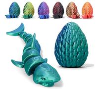 3D Printed Shark Egg Figurine with Full Articulated Shark Inside, Mystery Crystal Shark Flexible Statue, Surprise Egg Fidget Shark, Home Office Desk Decor Adult Gift (Blue & Green Gradient)