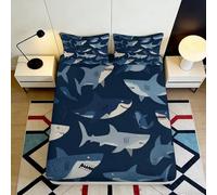 3D Printed Shark Fitted Sheet Microfiber Deep Pocket Non-Slip Shark Mattress Fitted Cover Washable Bedding for Adults Teens 90x200x25cm