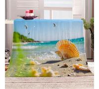 3D Printed Shells On The Beach, Water Splashing Flannel Fleece Blanket (270GSM) Natural Scenery Super Cozy 130x150 cm single Size Fade Resistant Home Decor Gift - Machine Washable