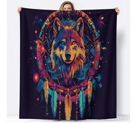 3D Printed Sherpa Throw Blanket Black, Dreamcatcher Animal Wolf Printed Flannel Blankets Plush Warm Bedding for Kids Boys Adults All Season Couch Sofa, King size