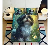 3D Printed Shih Tzu Dog Fitted Sheet Microfiber Soft Breathable Forest Scene Bed Cover for Bedroom Guest Room Decor 90x200x25cm