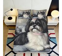 3D Printed Shih Tzu Dog Fitted Sheet Microfiber Soft Washable Black White Puppy Mattress Cover for Bedroom Guest Room Decor 90x200x25cm