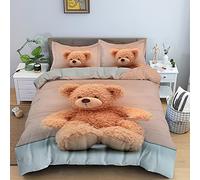 3D Printed Single Duvet Cover Set Cyan Teddy Bear, Simple Microfiber Single Duvet Cover with 2 Pillowcases 19" x 29", Easy Care Duvet Cover - Suitable for Adults and Children Bedding