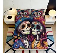 3D Printed Skeleton Couple Fitted Sheet Microfiber Deep Pocket Bedroom Bedding Skeleton Mattress Fitted Cover Non-Slip Washable 140x200x25cm