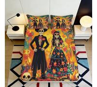 3D Printed Skeleton Couple Fitted Sheet, Microfiber Soft Touch, Bed Cover for Bedroom, Easy Care, Apartment Bedding Decor, Wrinkle Resistant, 105 Chars 90x200x25cm
