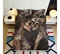 3D Printed Skeleton Couple Fitted Sheet, Microfiber Soft Touch, Wrinkle Resistant, Bedroom Decor, Bed Sheet for Home, Apartment Bedding, Easy Care, Anti-Slip, Black 90x200x25cm