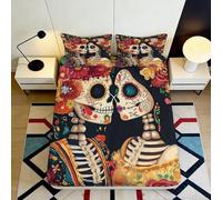 3D Printed skeleton couple Fitted Sheet with floral art, Microfiber soft touch, guest room bedding, wrinkle resistant, home decor piece, easy care 90x200x25cm
