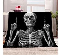 3D Printed Skeleton Hands With Middle Fingers Up Flannel Fleece Blanket （270GSM） Black And White Line Style Super Cozy 150x200 cm Double Size Fade Resistant Home Decor Gift - Machine Washable