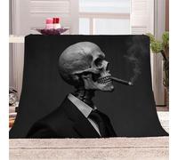 3D Printed Skeleton Smoking A Pipe Flannel Fleece Blanket （270GSM） Gothic Art Style Super Cozy 130x150 cm single Size Fade Resistant Home Decor Gift - Machine Washable