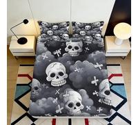 3D Printed Skull Cloud Fitted Sheet Microfiber Soft Black Grey Gothic Bed Cover for Bedroom Dorm Decor 90x200x25cm