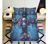 3D Printed Skull Cross Fitted Sheet Microfiber Dark Gothic Floral Bed Cover for Bedroom Guest Room Decor Protection 90x200x25cm