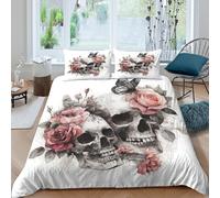 3D Printed Skull Floral Duvet Cover, Microfiber Bedding Cover Hidden Zipper